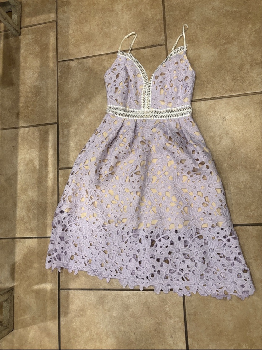 Bloomingdale’s Aqua Lilac Lavender Purple Midi Tea Lace Floral Dress